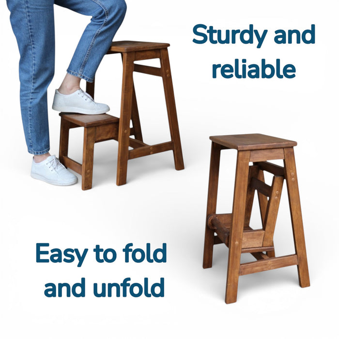 Solid Wooden Folding Stepladder Stool with two steps ladder
