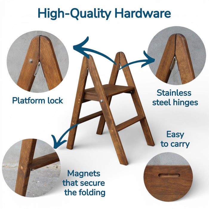 Low natural wooden ladder folding small stepladder