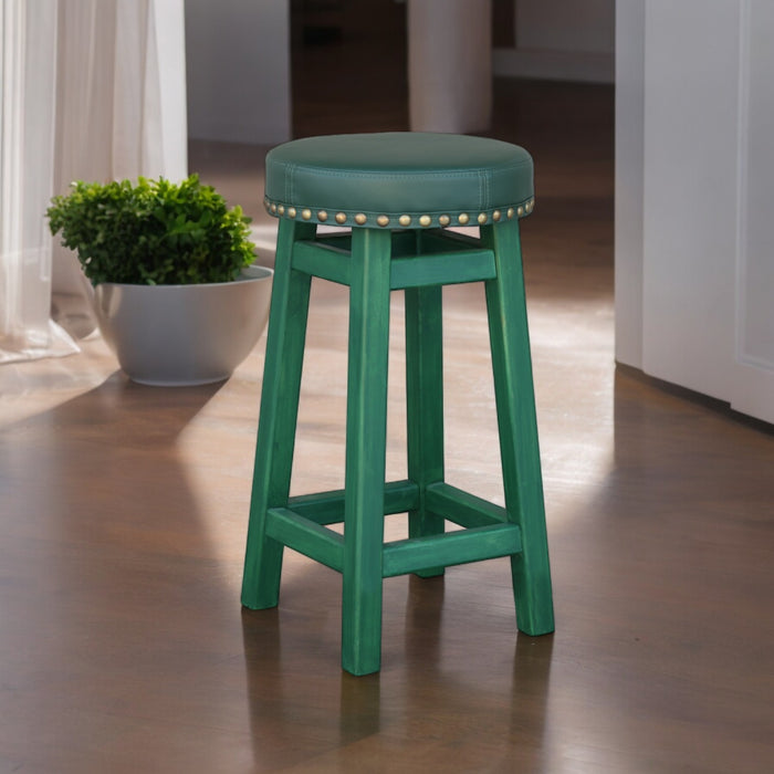 Height Wooden Green Bar Stool Made of Natural Alder Wood with a Soft Seat in the Style of an Irish Pub with metal rivets