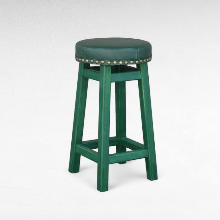 Height Wooden Green Bar Stool Made of Natural Alder Wood with a Soft Seat in the Style of an Irish Pub with metal rivets