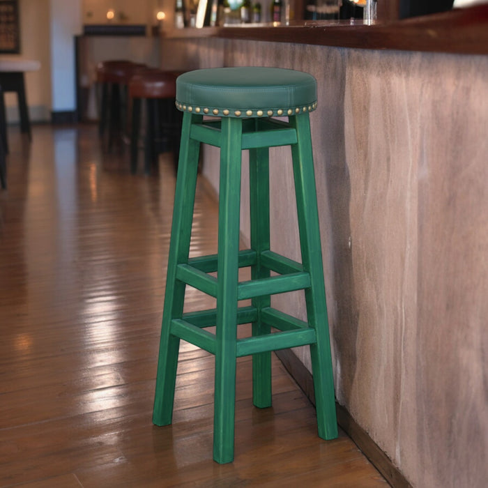 Height Wooden Green Bar Stool Made of Natural Alder Wood with a Soft Seat in the Style of an Irish Pub with metal rivets
