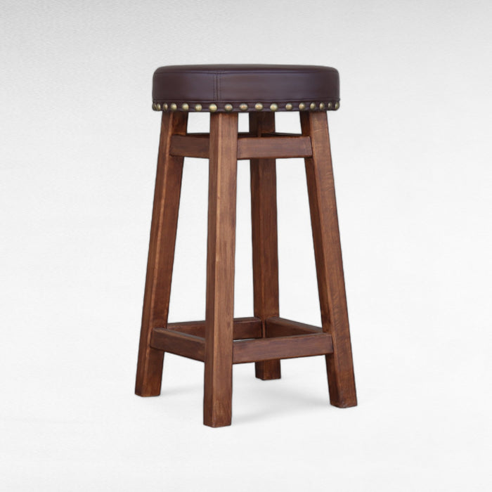 Height Wooden Green Bar Stool Made of Natural Alder Wood with a Soft Seat in the Style of an Irish Pub with metal rivets