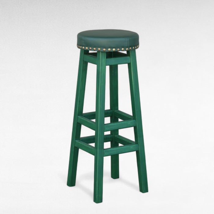 Height Wooden Green Bar Stool Made of Natural Alder Wood with a Soft Seat in the Style of an Irish Pub with metal rivets