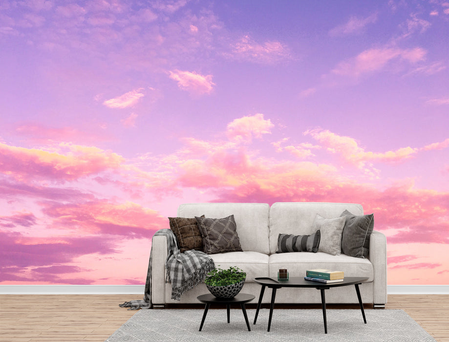 Pink Clouds at Sunset for Girls Purple on Self-Adhesive Fabric or Non-Woven Wallpaper