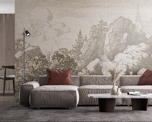 Vintage Wallpaper with Mountainous Terrain and Large Trees on Self-Adhesive Fabric or Non-Woven Wallpaper
