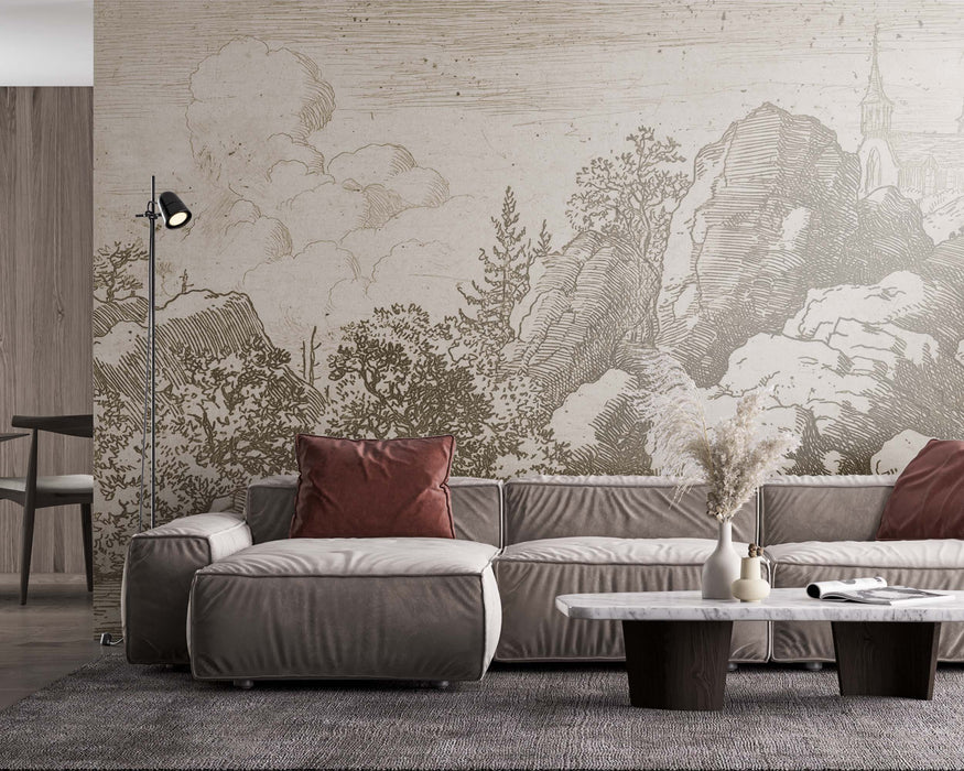 Vintage Wallpaper with Mountainous Terrain and Large Trees on Self-Adhesive Fabric or Non-Woven Wallpaper